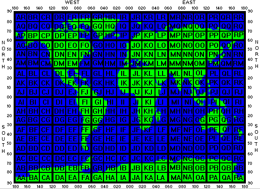 Světová lokátorová mapa - velké čtverce
